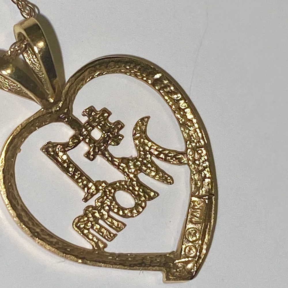 14K SOLID YELLOW GOLD #1 MOM HEART PENDANT & SOLID GOLD CHAIN SIGNED AURAFIN - Picture 3 of 16